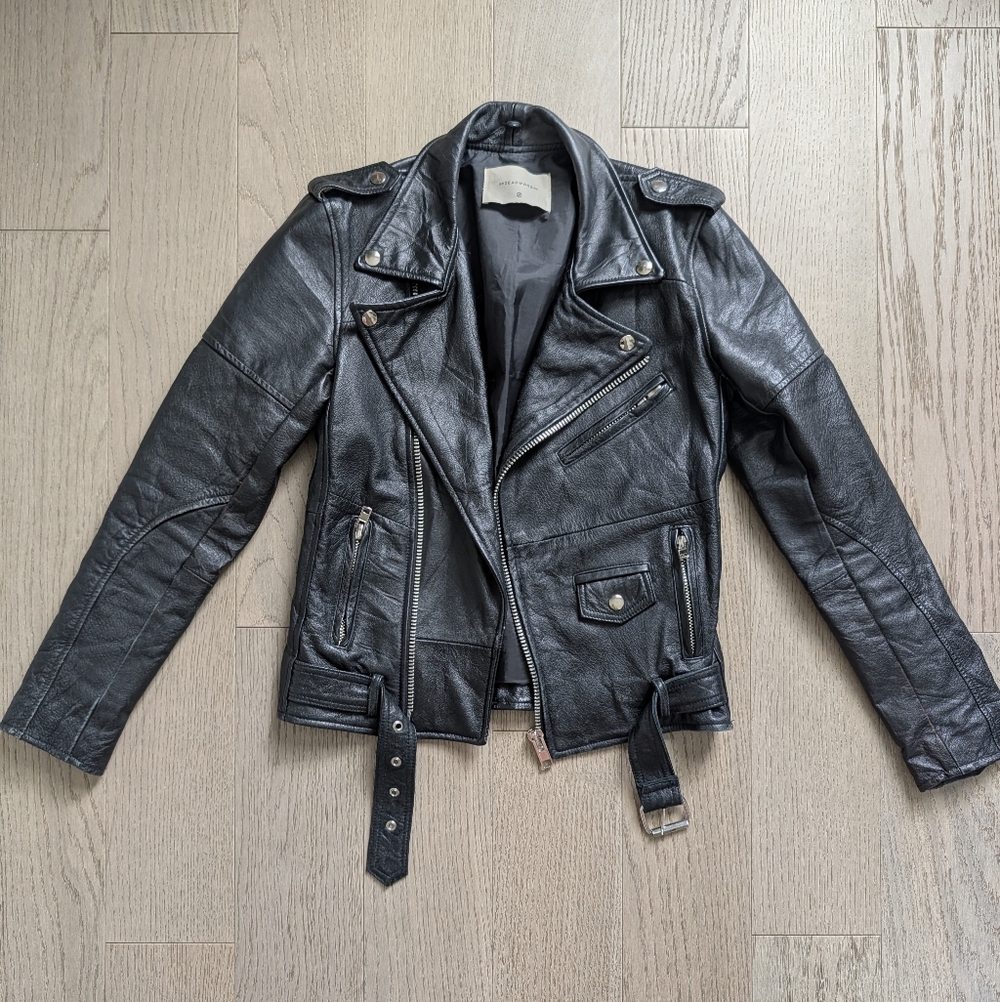 Classic Black Leather Moto Jacket with Belted Waist